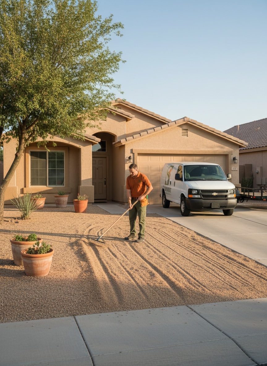 Squared Away crew member raking a decomposed granite front yard, branded truck parked at the curb