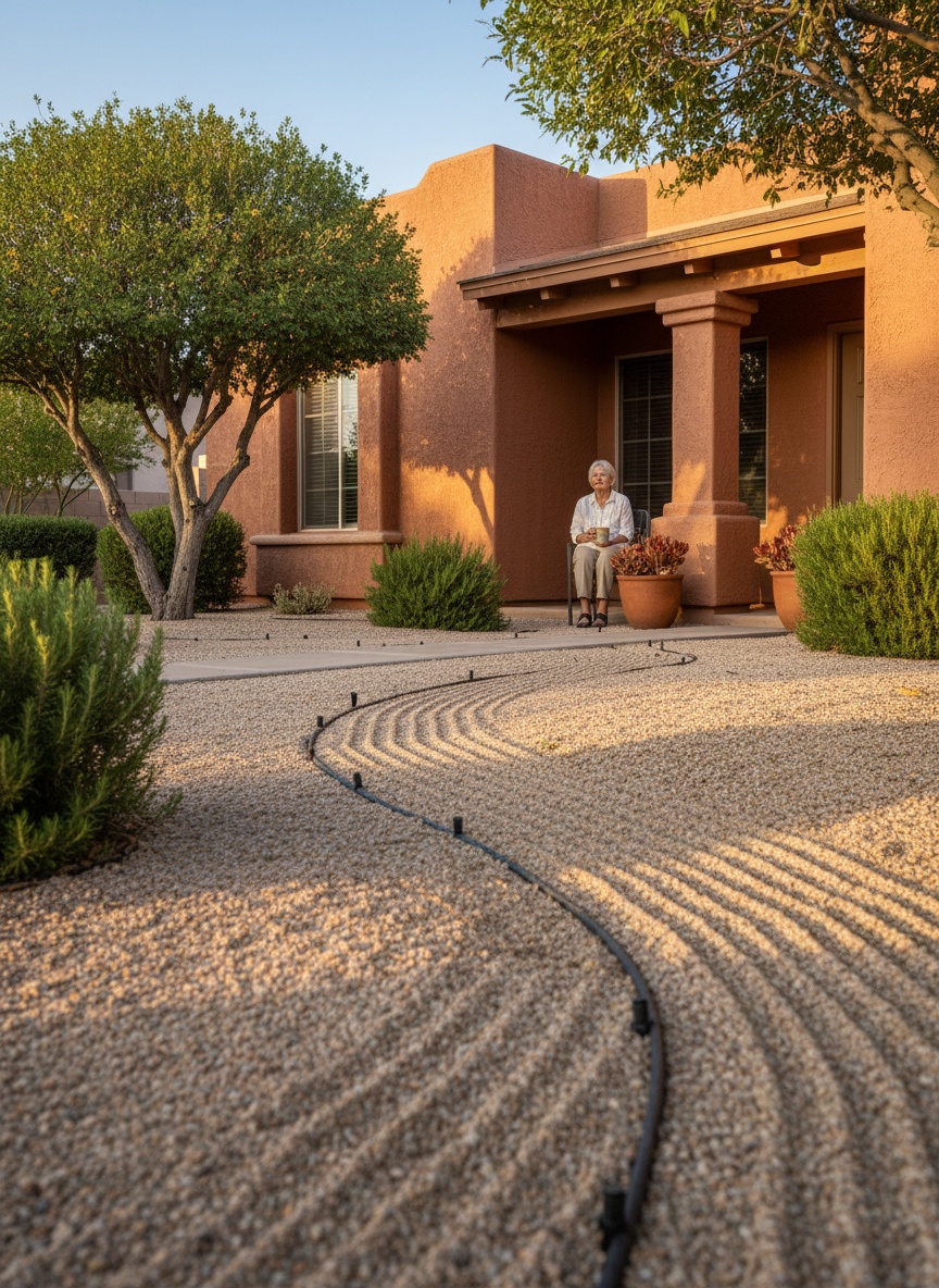 Older homeowner on a shaded porch looking out at a tidy gravel front yard with trimmed desert shrubs