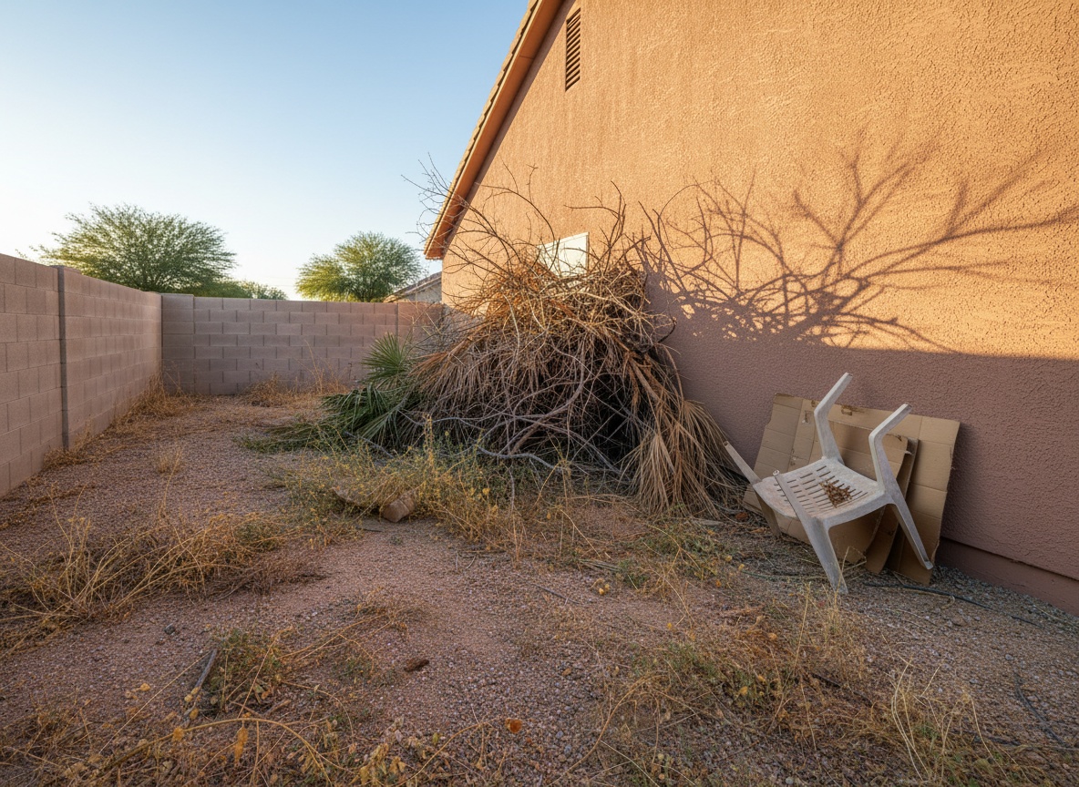Side yard before cleanup with weeds through the gravel, dead branches and old boxes against a stucco wall