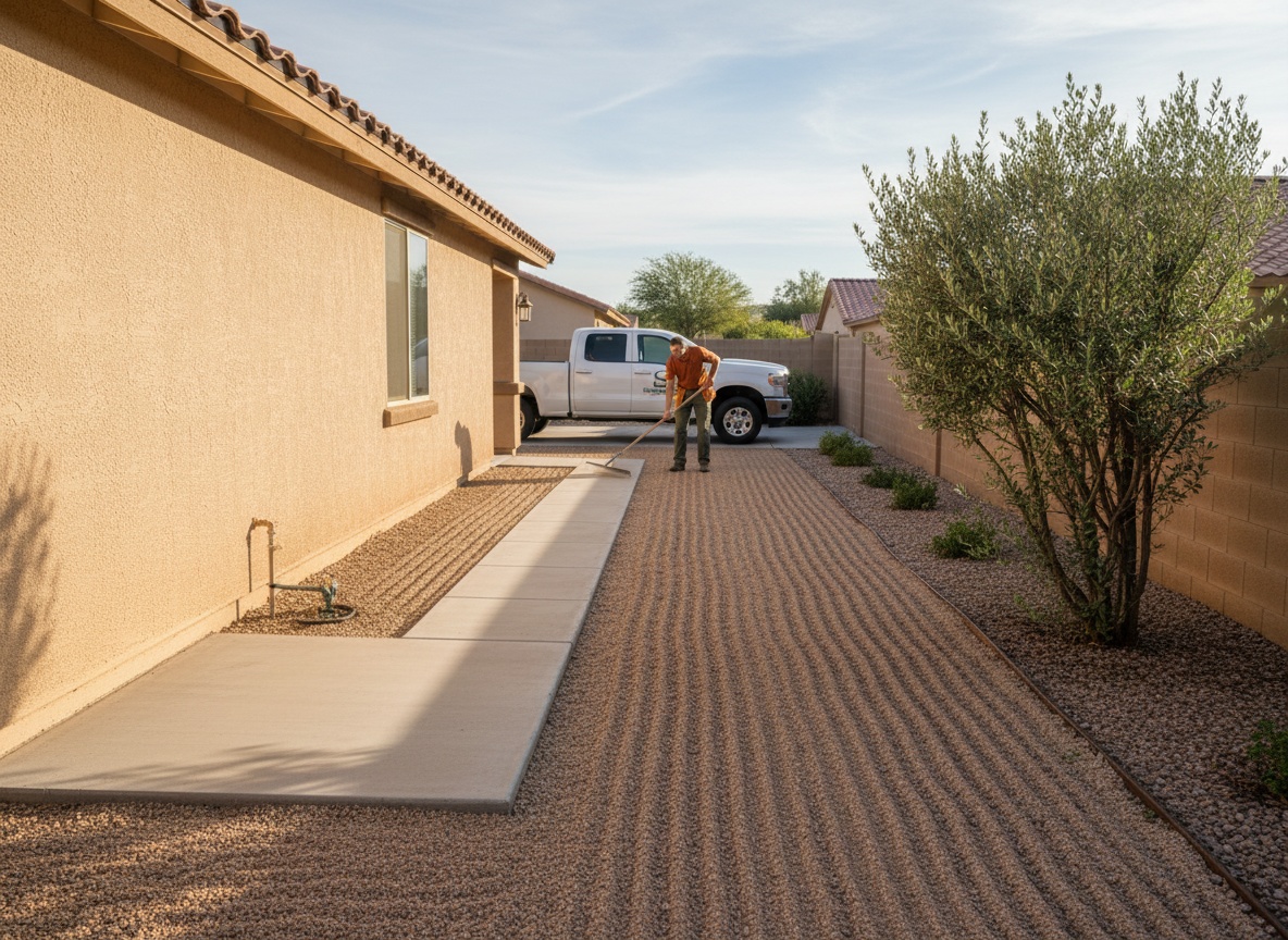 The same side yard after cleanup with weed-free raked gravel, a clear path and a trimmed shrub by the wall