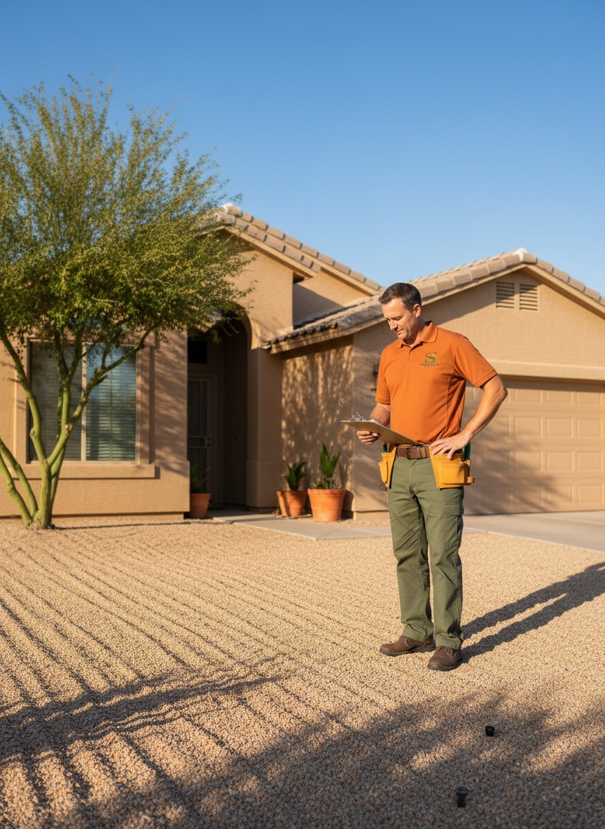 Squared Away Landscaping crew member in a branded uniform reviewing notes in front of a freshly raked gravel yard
